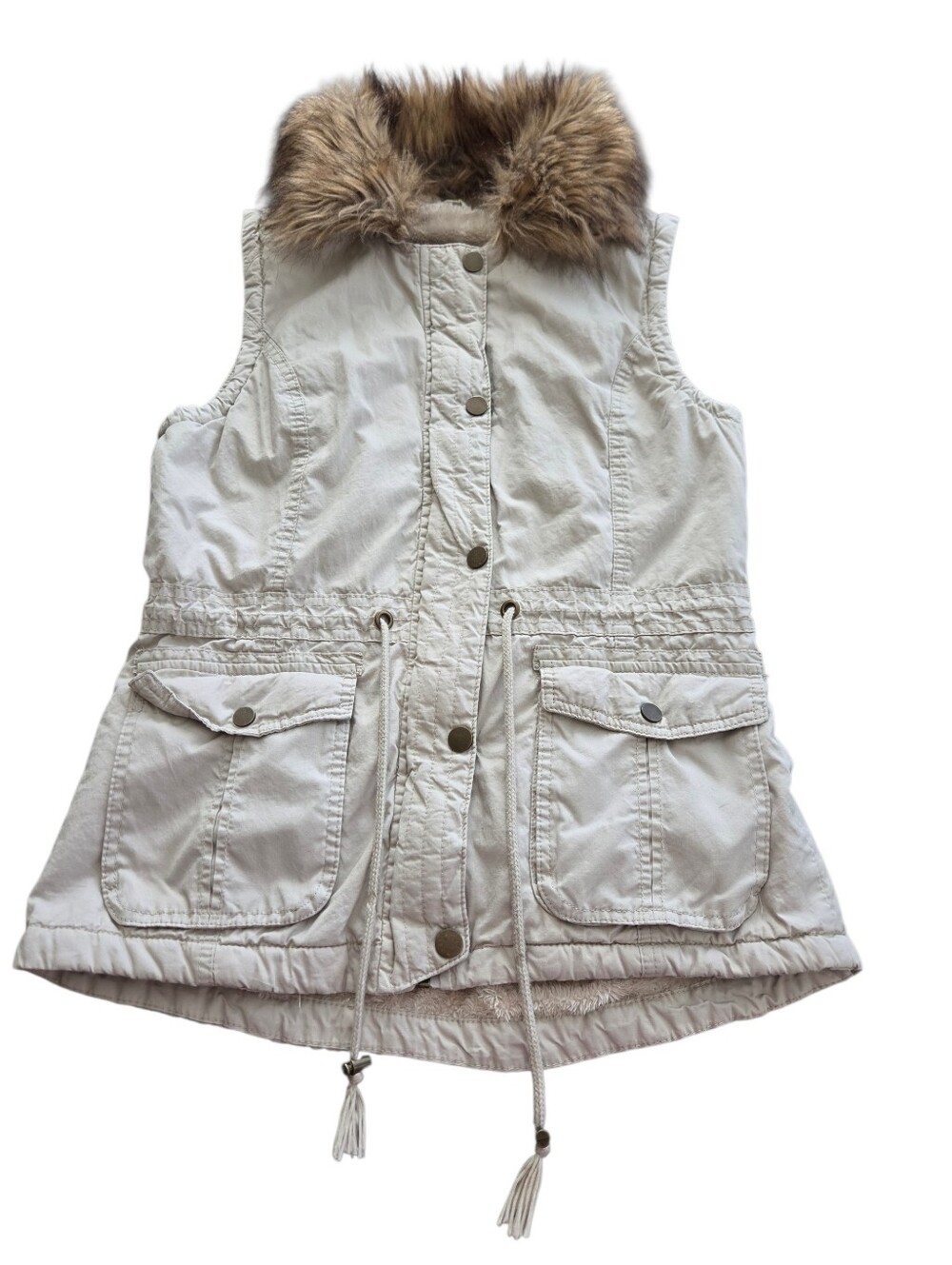 Snobbish Collection Faux Fur Lined & Trim Cargo Utility Vest in Khaki sz MEDIUM
